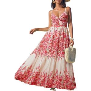 imageCUPSHE Womens Maxi Dress Floral Print Twisted V Neck Sleeveless Long Dress Summer Casual DressRedBeige
