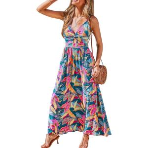 imageCUPSHE Womens Maxi Dress Floral Print Twisted V Neck Sleeveless Long Dress Summer Casual DressTeal Tropical