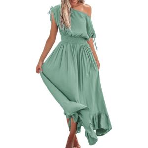 imageCUPSHE Womens Maxi Dresses Casual Summer Sundress Sleeveless Smocked One Shoulder Ruffled Long Beach Formal DressMint Green