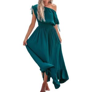 imageCUPSHE Womens Maxi Dresses Casual Summer Sundress Sleeveless Smocked One Shoulder Ruffled Long Beach Formal DressTeal