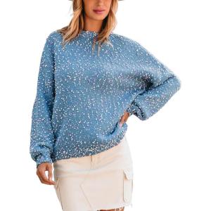 imageCUPSHE Womens Pullover Sweater Rainbow Pom Ribbed Knit Long Sleeve Fall Colorful Jumper TopsBlue