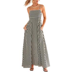 imageCUPSHE Womens Summer Maxi Dress Casual Sleeveless Square Neck Striped Beach Long Dress with PocketsBlack