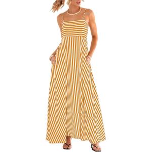 imageCUPSHE Womens Summer Maxi Dress Casual Sleeveless Square Neck Striped Beach Long Dress with PocketsCurcuma Striped