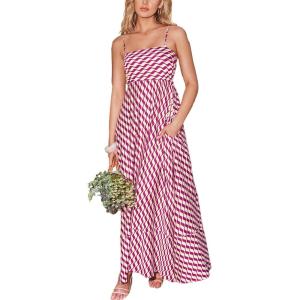 imageCUPSHE Womens Summer Maxi Dress Casual Sleeveless Square Neck Striped Beach Long Dress with PocketsLavender Wavy Striped