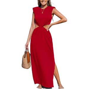 imageCUPSHE Womens Summer Maxi Dresses Sleeveless Cutout Side Slit Long Casual Dress with Padded ShouldersRed