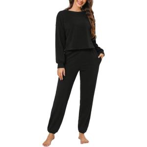 imageCUPSHE Womens Two Piece Outfit Sweatsuits Set Long Sleeve Loungewear Tracksuit Jogger SetBlack