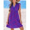 imageCUPSHE Beach Dress V Neck Cap Flutter Sleeve Lace Hollow Out Pleated Summer Mini Cover Up DressBlue Paisley
