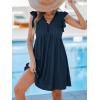 imageCUPSHE Beach Dress V Neck Cap Flutter Sleeve Lace Hollow Out Pleated Summer Mini Cover Up DressNavy Blue