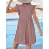 imageCUPSHE Beach Dress V Neck Cap Flutter Sleeve Lace Hollow Out Pleated Summer Mini Cover Up DressPink