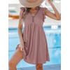 imageCUPSHE Beach Dress V Neck Cap Flutter Sleeve Lace Hollow Out Pleated Summer Mini Cover Up DressPink