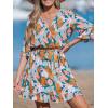 imageCUPSHE Beach Dress for Women Casual Summer V Neck Tropical Half Sleeves Belted Ruffled Vacation Mini DressGreen Tropical