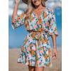 imageCUPSHE Beach Dress for Women Casual Summer V Neck Tropical Half Sleeves Belted Ruffled Vacation Mini DressGreen Tropical