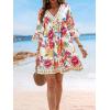 imageCUPSHE Women V Neck Lace Trim Mini Summer Dress Cover Up 34 Sleeve Ruffled Cuff Casual Sundress Beach Dresses Cover UpsTropical Floral