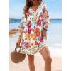 imageCUPSHE Women V Neck Lace Trim Mini Summer Dress Cover Up 34 Sleeve Ruffled Cuff Casual Sundress Beach Dresses Cover UpsTropical Floral