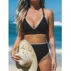 imageCUPSHE Womens Bikini Sets High Waisted Swimsuit Deep V Neck Crisscross Back Tie Stitching Ruched Full CoverageBlack
