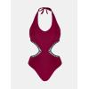 imageCUPSHE Womens One Piece Swimsuit Halter V Neck Side Cutout Monokini Bathing Suit Trapezoidal Lace TrimClaret