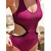imageCUPSHE Womens One Piece Swimsuit Halter V Neck Side Cutout Monokini Bathing Suit Trapezoidal Lace TrimClaret