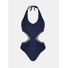 imageCUPSHE Womens One Piece Swimsuit Halter V Neck Side Cutout Monokini Bathing Suit Trapezoidal Lace TrimNavy
