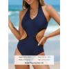 imageCUPSHE Womens One Piece Swimsuit Halter V Neck Side Cutout Monokini Bathing Suit Trapezoidal Lace TrimNavy