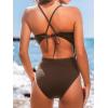 imageCUPSHE Womens One Piece Swimsuit Plunging Neck Cutouts Bathing Suit Textured Ruched Crisscross Back Self Tie SwimwearBrown