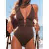 imageCUPSHE Womens One Piece Swimsuit Plunging Neck Cutouts Bathing Suit Textured Ruched Crisscross Back Self Tie SwimwearBrown