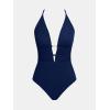 imageCUPSHE Womens One Piece Swimsuit Plunging Neck Cutouts Bathing Suit Textured Ruched Crisscross Back Self Tie SwimwearNavy Blue