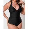 imageCUPSHE Womens One Piece Swimsuit Plus Size Halter V Neck Bathing Suit Slimming Sculpting Ruched SwimwearBlack