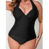imageCUPSHE Womens One Piece Swimsuit Plus Size Halter V Neck Bathing Suit Slimming Sculpting Ruched SwimwearBlack