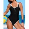 imageCUPSHE Womens One Piece Swimsuit Scoop Neck Front Zipper Bathing Suit Racer Back Wide Straps Color Blocked TrimBlackWhite