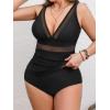 imageCUPSHE Womens Plus Size Tankini Sets Deep V Neck Mesh Two Piece Swimsuits Adjustable Straps Mid RiseBlack