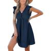 imageCUPSHE Beach Dress V Neck Cap Flutter Sleeve Lace Hollow Out Pleated Summer Mini Cover Up DressNavy Blue