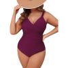 imageCUPSHE Plus Size One Piece Swimsuit for Women Tummy Control V Neck Bathing Suit Curvy Cutout Slimming SwimwearWine Red
