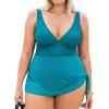 imageCUPSHE Women Tankini Sets Plus Size Two Piece Swimsuit High Waisted V Neck Mesh Ruched Self Tie Swim DressTeal