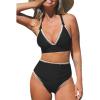 imageCUPSHE Womens Bikini Sets High Waisted Swimsuit Deep V Neck Crisscross Back Tie Stitching Ruched Full CoverageBlack