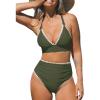 imageCUPSHE Womens Bikini Sets High Waisted Swimsuit Deep V Neck Crisscross Back Tie Stitching Ruched Full CoverageOlive Green