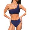 imageCUPSHE Womens Bikini Sets Two Piece Bathing Suit One Shoulder Mid Rise Scalloped Wide Strap Back HookNavy Blue