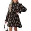 imageCUPSHE Womens Mock Neck Floral Mini Fall Dress Long Ruffle Sleeve Elastic Waist Smocked Casual Flowying Autumn DressesBlack Floral