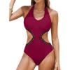 imageCUPSHE Womens One Piece Swimsuit Halter V Neck Side Cutout Monokini Bathing Suit Trapezoidal Lace TrimClaret