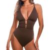 imageCUPSHE Womens One Piece Swimsuit Plunging Neck Cutouts Bathing Suit Textured Ruched Crisscross Back Self Tie SwimwearBrown
