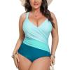 imageCUPSHE Womens Plus Size Swimsuit One Piece Tummy Control Bathing Suit Crossback Halter Ruched SwimwearTealLight Blue