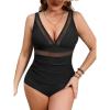 imageCUPSHE Womens Plus Size Tankini Sets Deep V Neck Mesh Two Piece Swimsuits Adjustable Straps Mid RiseBlack