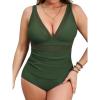 imageCUPSHE Womens Plus Size Tankini Sets Deep V Neck Mesh Two Piece Swimsuits Adjustable Straps Mid RiseDark Olive Green