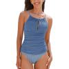 imageCUPSHE Womens Tankini Sets Two Piece Swimsuit High Neck High Waist Front Keyhole Bathing Suit Hollow O RingDusky Blue