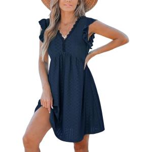 imageCUPSHE Beach Dress V Neck Cap Flutter Sleeve Lace Hollow Out Pleated Summer Mini Cover Up DressNavy Blue
