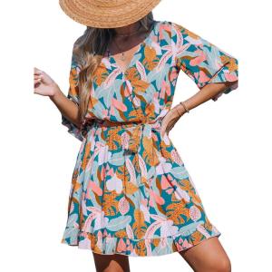 imageCUPSHE Beach Dress for Women Casual Summer V Neck Tropical Half Sleeves Belted Ruffled Vacation Mini DressGreen Tropical