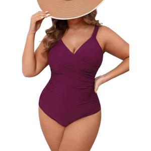 imageCUPSHE Plus Size One Piece Swimsuit for Women Tummy Control V Neck Bathing Suit Curvy Cutout Slimming SwimwearWine Red