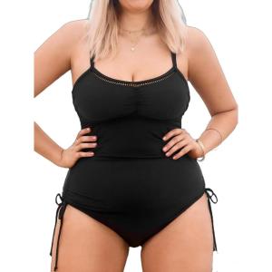 imageCUPSHE Plus Size Womens One Piece Bathing Suit Scoop Neck Swimsuit Cutouts Side Drawstring Adjustable StrapsBlack