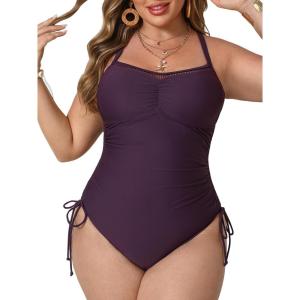 imageCUPSHE Plus Size Womens One Piece Bathing Suit Scoop Neck Swimsuit Cutouts Side Drawstring Adjustable StrapsDeep Purple