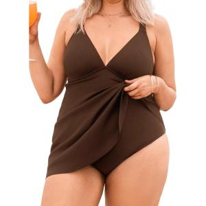 imageCUPSHE Plus Size Womens One Piece Swimsuit V Neck Swim Dress Crisscross Self Tie Bathing Suit Flowy SwimwearDark Brown
