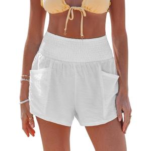 imageCUPSHE Women Coverup Shorts Smocked Waist High Rise Swimsuit Coverup Shorts with Side PocketsWhite
